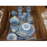 A BOX OF BLUE WEDGWOOD JASPERWARE TO INCLUDE VASES, PIN DISHES ETC.