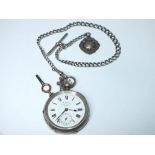 AN ANTIQUE SILVER ALBERT WATCH CHAIN & ANTIQUE SILVER POCKET WATCH