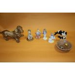 A COLLECTION OF CERAMIC FIGURES ETC TO INCLUDE A NAO EXAMPLE, COLUMBIAN DOG FIGURE, WADE BOWL ETC (