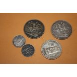 A SMALL QUANTITY OF COINAGE TO INCLUDE TWO 1889 VICTORIAN CROWNS, CANADIAN DOLLAR ETC. (5)