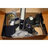 A BOX OF COLLECTABLES TO INCLUDE WRISTWATCHES, CAMERAS, AA BADGE ETC