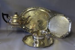 FIVE PIECES OF SILVER PLATED WARE, consisting of a teapot, trays and a champagne coaster, widest