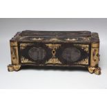 A DECORATIVE CHINESE LACQUER WARE JEWELLERY BOX, of ornate rectangular form raised on outswept '