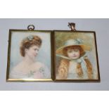 A PAIR OF 19TH CENTURY PORTRAIT WATERCOLOUR MINIATURES, depicting a lady and a young girl in a