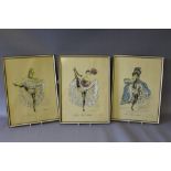 JANICOTTE (XX). A set of three 1950s Paris French Can Can girls, watercolours and pencils on