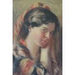 (XIX-XX). Head and shoulder portrait study of a young woman with head covering, unsigned,
