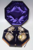 A CASED SET OF FOUR HALLMARKED SILVER SALTS AND SPOONS - BIRMINGHAM 1899, makers marks for I.S.G.,