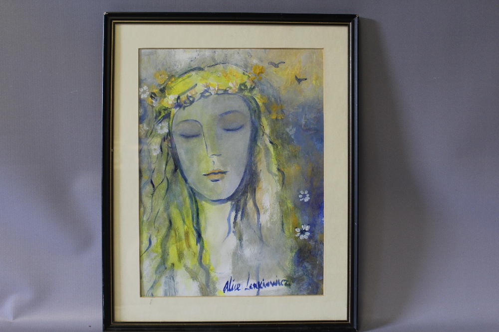 ALICE LENKIEWICZ (XX). Portrait study of a young woman with a garland of flowers in her hair, signed - Image 2 of 3