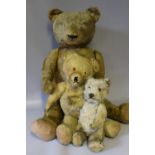 A LARGE VINTAGE PLAYWORN MOHAIR TEDDY BEAR, possibly Farnell or similar, jointed limbs with broad