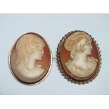 TWO OVAL CAMEO PORTRAIT BROOCHES SET IN HALLMARKED 9CT GOLD MOUNTS, largest H 4 cm (2)