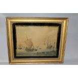 (XVIII-XIX). Dutch school, coastal scene with numerous sailing vessels and figures, unsigned,