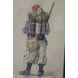 J.C. HILL. Study of an infantryman with backpack and rifle etc, signed and dated 1914 lower left,