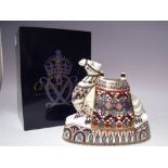 A ROYAL CROWN DERBY LARGE CAMEL PAPERWEIGHT, gold stopper, with box, H 17.5 cm, W 20 cm