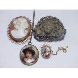 A 9CT GOLD OVAL CAMEO BROOCH WITH PIERCED BORDER, H 5.5 cm, together with a Victorian lava cameo