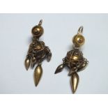 A PAIR OF UNUSUAL DROP EARRINGS, unmarked yellow metal, approx weight 5.2g, H 4 cm