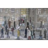 CRISPIN GILLBARD (XX). A street scene with numerous figures, signed lower left, oil on canvas on