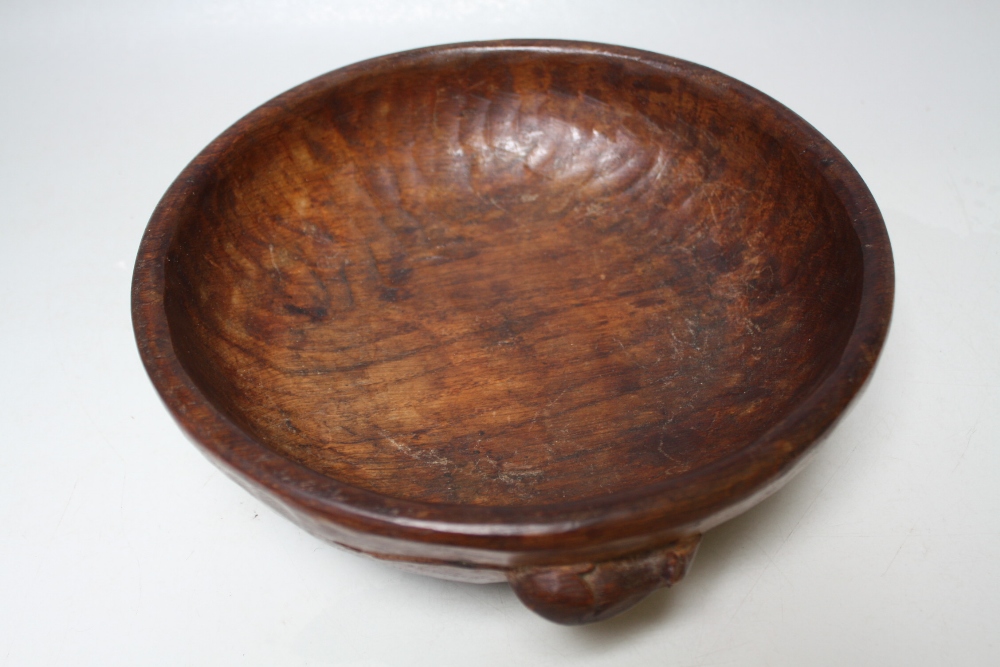 A ROBERT 'MOUSEMAN' THOMPSON OF KILBURN ADZED OAK CIRCULAR SHALLOW BOWL, with signature carved - Image 2 of 3