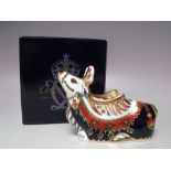 A ROYAL CROWN DERBY REINDEER PAPERWEIGHT, gold stopper, with box,L 13.5 cm, H 10 cm