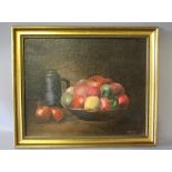 KNIGHT (XX). Still life study of fruit and other items, signed lower right, oil on canvas, framed,