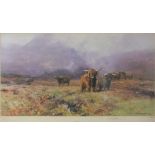 DAVID SHEPHERD (b.1931). Study of Highland cattle in a misty Highland landscape, signed in pencil