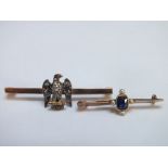 A 9CT GOLD BAR BROOCH WITH GEMSET EAGLE, W 4.1 cm, approx 3.4g, together with an unmarked yellow