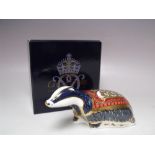 A ROYAL CROWN DERBY COLLECTORS GUILD MOONLIGHT BADGER PAPERWEIGHT, gold stopper, with box, L 16 cm