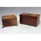 A 19TH CENTURY MAHOGANY TEA CADDY, three lined compartments, herringbone design to rear, W 25 cm,