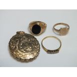 A COLLECTION OF GOLD AND YELLOW METAL CONSISTING OF A 9 CT GOLD SIGNET RING, an 18ct five stone diam