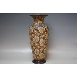 A TALL DOULTON LAMBETH SLATERS PATENT DECORATIVE STONEWARE VASE, of baluster form with flared rim,