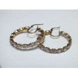 A PAIR OF 9CT GOLD AND CUBIC ZIRCONIA HOOP EARRINGS, marked 375 to posts, hoop Dia. 3.4 cm,