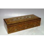 A VICTORIAN GLOVE BOX WITH EXTENSIVE BRASS AND MOTHER OF PEARL INLAY, of rectangular form, the