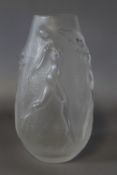 A LALIQUE CRYSTAL SMALL BALUSTER VASE, decorated with four nude dancing females, signed to the base,