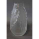 A LALIQUE CRYSTAL SMALL BALUSTER VASE, decorated with four nude dancing females, signed to the base,