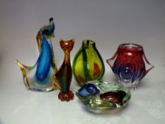 A SELECTION OF MURANO ART GLASS, to include a cat figure, a dog figure with damages, a Sommerso type