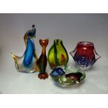 A SELECTION OF MURANO ART GLASS, to include a cat figure, a dog figure with damages, a Sommerso type