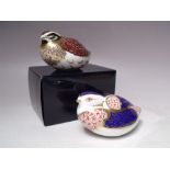 A ROYAL CROWN DERBY DAPPLED QUAIL PAPERWEIGHT, gold stopper, with box, L 11 cm, together with a