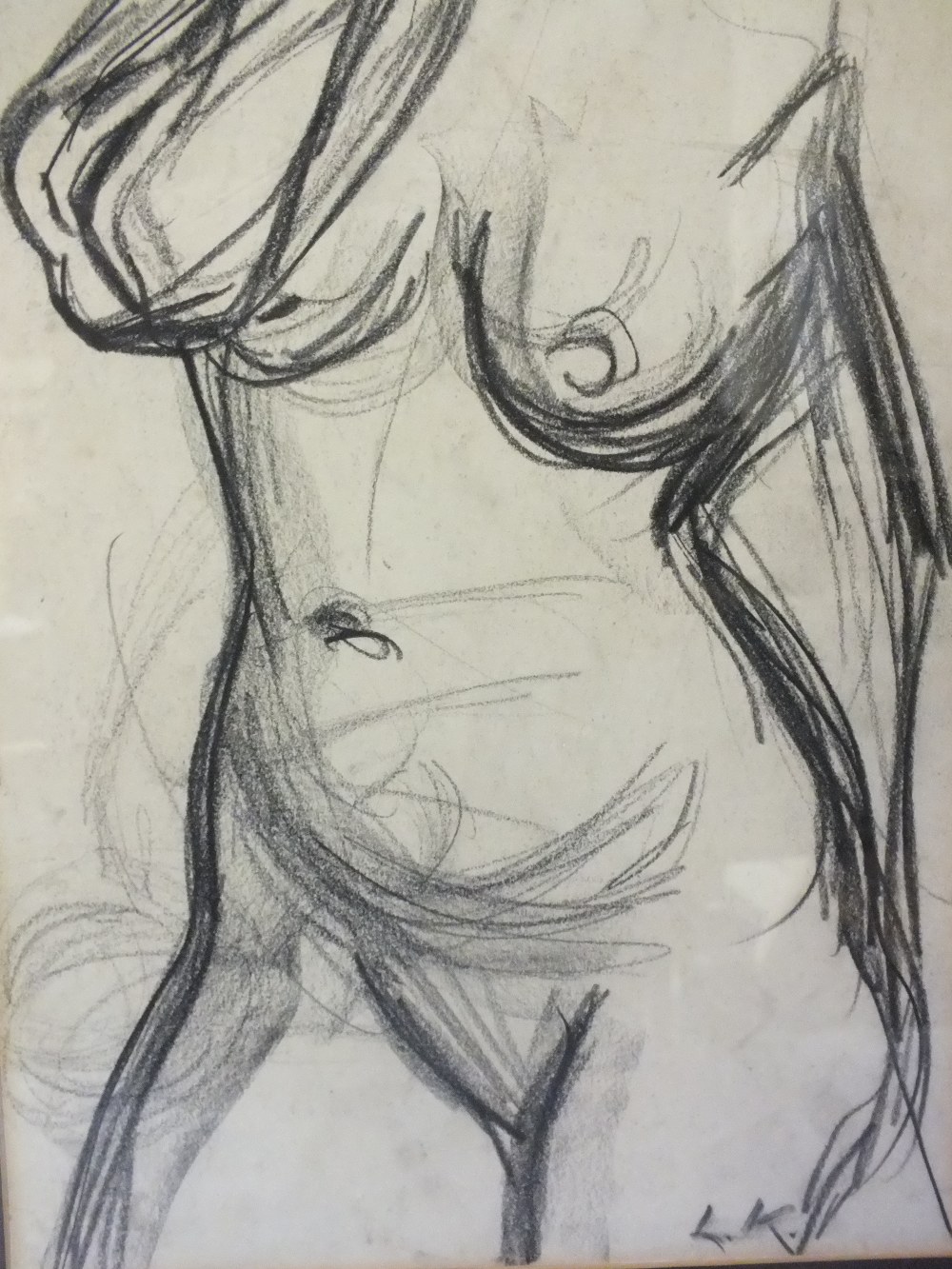 CIRCLE OF DAME LAURA KNIGHT (1877-1970). Female nude study, bears initials lower right, pencil on