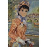 LEROY (XX). French school, impressionist study of a young woman by a river, town in background,
