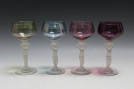 A SET OF FOUR FRENCH BAYAL BACCHANTE FROSTED NUDE WINE GLASSES, with female figural stems and