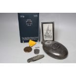 A PLATED HIP FLASK WITH NAZI GERMAN U-BOAT BADGE, together with a Kaiser Wilhelm Centenary medal,