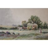 J. BARCLAY (XX). British school, harvesting scene with horses, figures and dog, signed lower