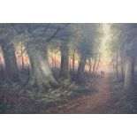 ENGLISH SCHOOL (XX). Wooded country landscapes with figures, oils on canvas, a pair, gilt framed, 50