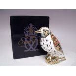 A ROYAL CROWN DERBY SONG THRUSH PAPERWEIGHT, gold stopper, with box, H 10.5 cm