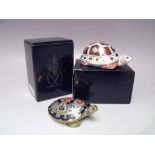 A ROYAL CROWN DERBY IMARI TURTLE PAPERWEIGHT, gold stopper, with box, L 12.5 cm, together with a