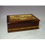 A 20TH CENTURY SORRENTO WARE SEWING BOX, the hinged rectangular lid inlaid to depict mountainous