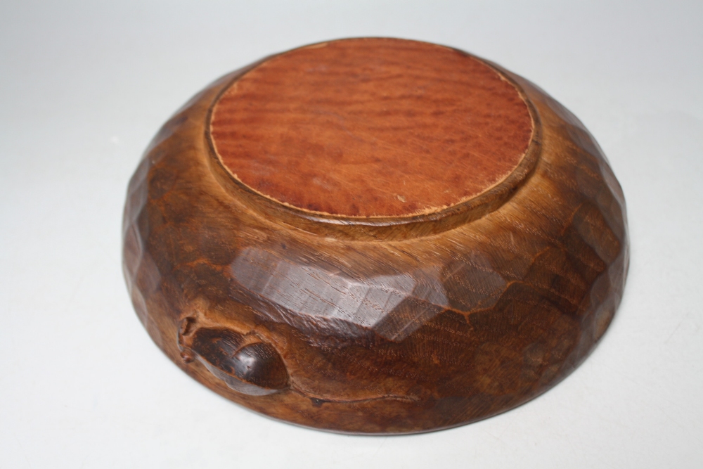 A ROBERT 'MOUSEMAN' THOMPSON OF KILBURN ADZED OAK CIRCULAR SHALLOW BOWL, with signature carved - Image 3 of 3