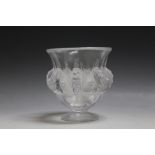 A LALIQUE 'DAMPIERRE' VASE WITH SPARROW AND VINE DECORATION, designed by Mark Lalique circa 1948,