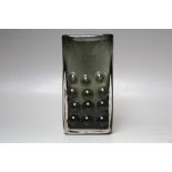 A GEOFFREY BAXTER FOR WHITEFRIARS TEXTURED GLASS 'MOBILE PHONE' SLAB VASE, in willow, H 16.5 cm