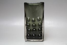 A GEOFFREY BAXTER FOR WHITEFRIARS TEXTURED GLASS 'MOBILE PHONE' SLAB VASE, in willow, H 16.5 cm