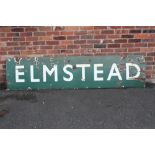 A LARGE GREEN AND WHITE ENAMEL RAILWAY STATION SIGN FOR ELMSTEAD, approximate L 257 cm , H 60 cm